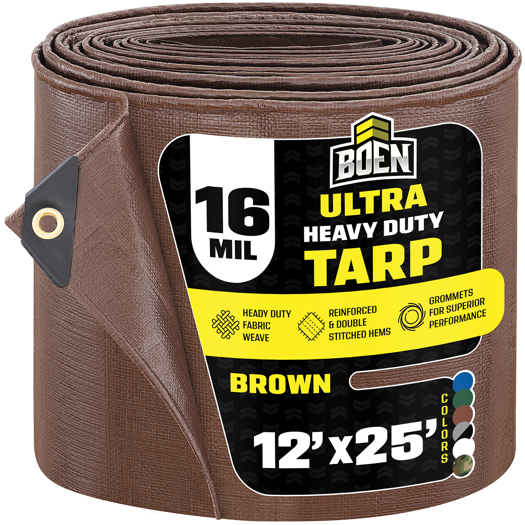Boen 12 ft x 25 ft Brown Tarp, 16 Mil Thick Waterproof Ultra Heavy Duty Cover, Rip Proof Tarps, Thick Weave Material, UV Resistant Great for Tarpaulin Canopy Tent, Boat, RV or Pool Cover